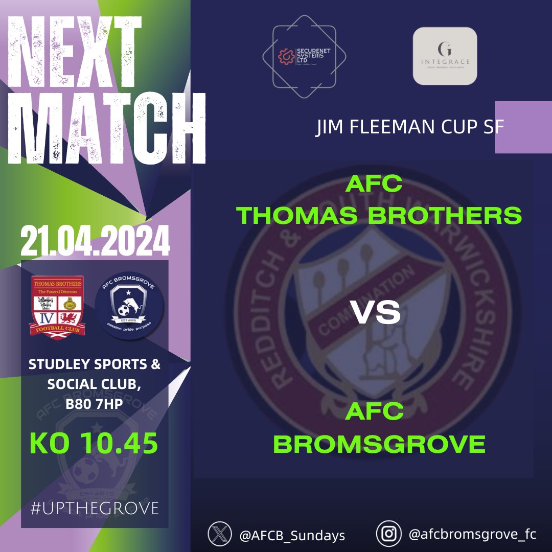 FIXTURE 》

Another SF this morning for the boys, after a hard earned point on Thursday night we are straight back into action with another tough game, this time it’s cup action against a prem outfit in the form of AFC Thomas Brothers.

All support appreciated 👏🏽
#UpTheGrove🦁