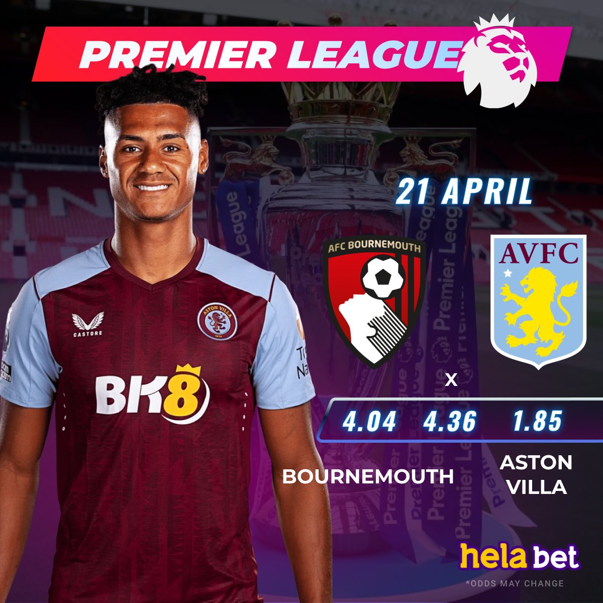 #EPL ⚽ Bournemouth VS Aston Villa will play tonight at 🏛Villa Park stadium. 👍 The best odds for the match in #helabet 👉 cutt.ly/UwY8h1uG #premierleague #astonvilla #football #betiing