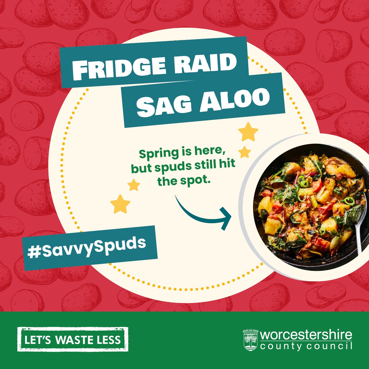 🌱🥔 Fancy using up some spuds in a delicious sag aloo recipe? It's the perfect way to use up any slightly sorry greens and veggies lurking in the fridge. Check out bit.ly/3N7Sa6o #SavvySpuds #FoodSavvyWorcestershire #letswasteless #FoodWaste #FridgeRaid