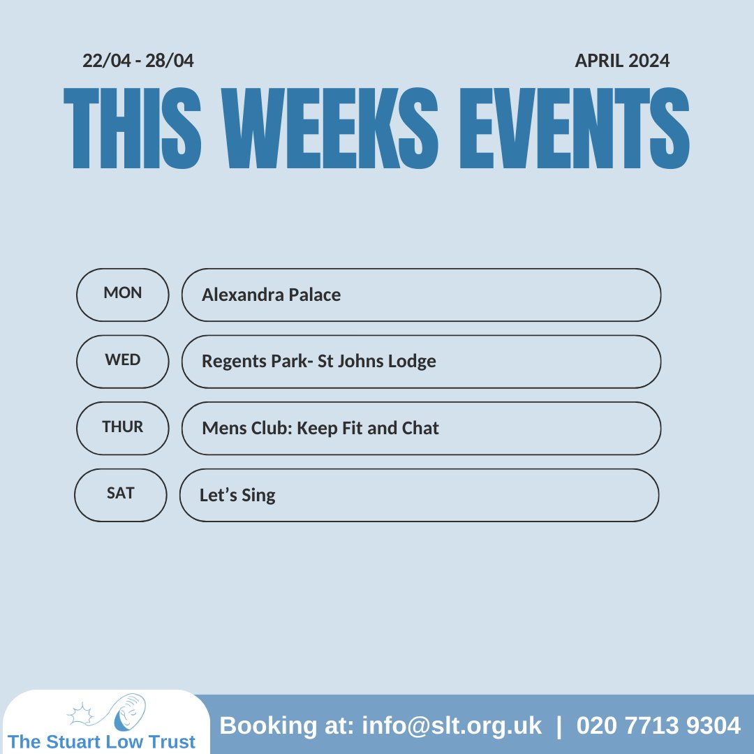 Here's what's coming up next week at SLT. Email info@slt.org.uk to find out more and to book your place.

#freeevents #Eventslondon #TheStuartLowTrust #MentalHealth #Wellbeing #Arts #Nature #SelfCare #MentalHealthMatters #Mindfulness #InnerPeace