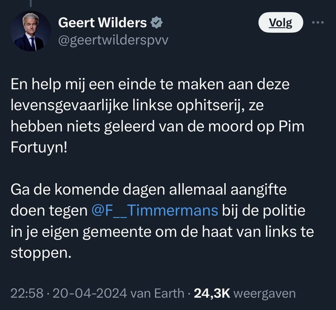 Frans #Timmermans is niet mijn leider maar wel 'n democraat. Deze tweet van #Wilders vind ik verwerpelijk en gevaarlijk. Het is de schreeuw van 'n autocraat die al 20 jaar ophitst en polariseert En dat nu ook doet. Wanneer is het genoeg voor @DilanYesilgoz en @PieterOmtzigt?