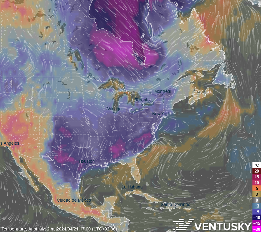 Both Europe and North America are reporting significantly below-average temperatures at the same time. 🌍❄️ In some places, temperatures are up to 10 °C lower than normal. Below-average temperatures will continue over the next week, mainly in Europe. See temperature anomaly