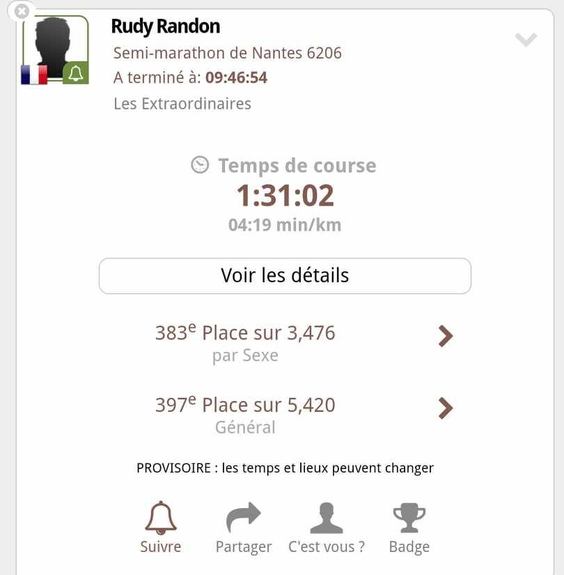 Bravo à notre Rudy qui a atteint les 21kms de @MarathonNantes en 1h31 ⏱️, le plaçant ainsi 397 sur 5420 au classement général 🏅👏 #MarathonDeNantes