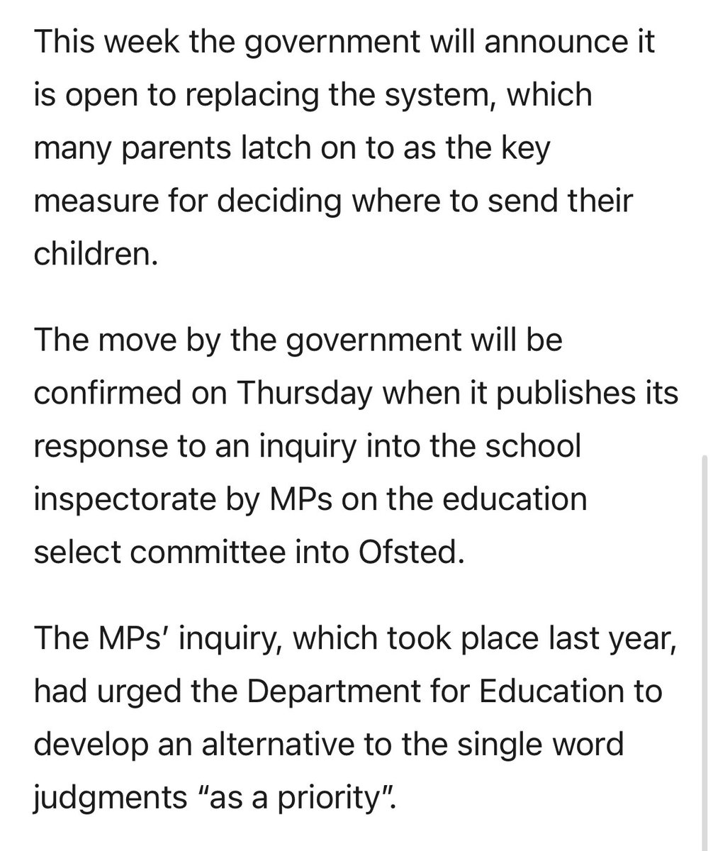 *Breaking News* One word Ofsted judgements to be scrapped - to be announced on Thursday. But how will that work? Removed from all past reports? Future reports? thetimes.co.uk/article/no-mor…