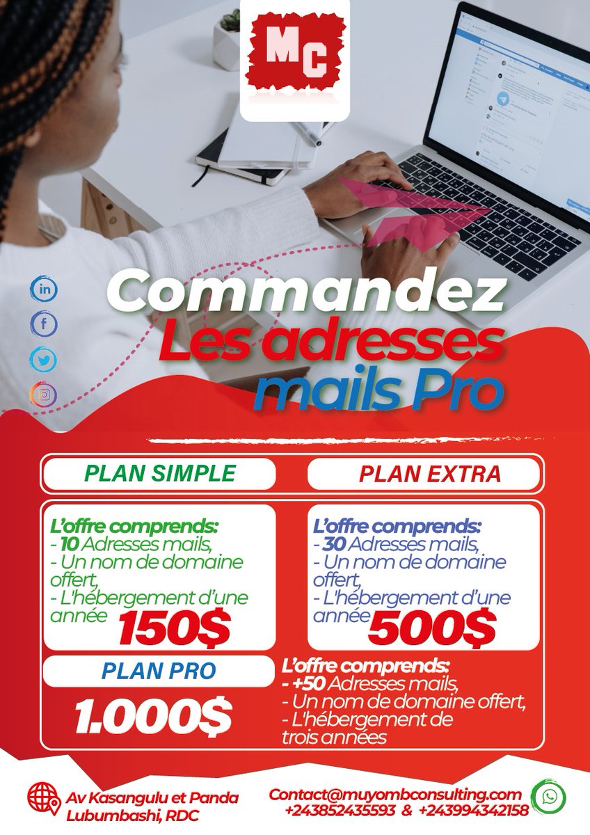 vallymuyomb's tweet photo. Nous proposons des adresses mails professionnelles aux entreprises et organismes.

Avantages:
- dédiées a l'entreprise,
- nombre d'adresses selon le besoin,
- accessible,
- abordable,
- nom de domaine offert,
Contactez-nous au numéro 0852 435 593 ou a contact@muyombconsulting.com https://t.co/qHZSHS84LY