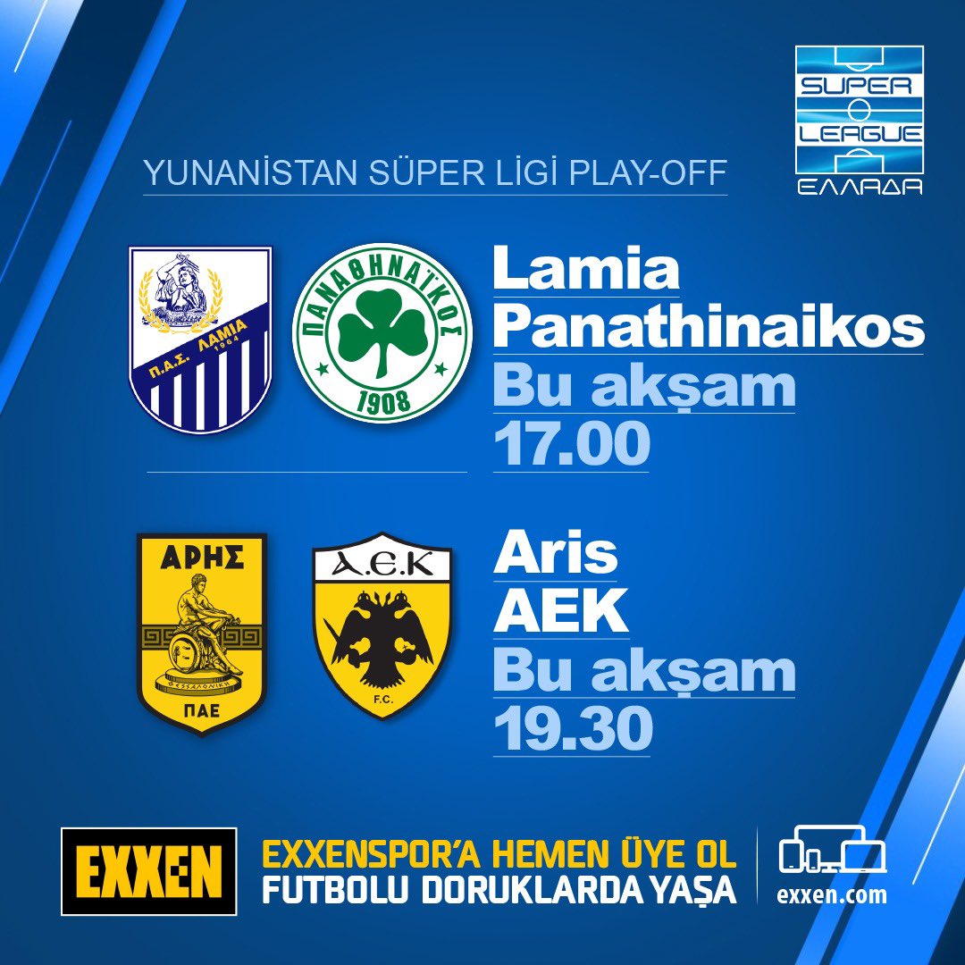 Yunanistan Süper Ligi Play-Off maçlarında bu akşam 17.00’de Lamia-Panathinaikos, 19.30’da Aris-AEK oynuyor. Şampiyonluğu etkileyecek bu iki önemli maç canlı yayınlarla Exxen’de. Şimdi hemen exxen.com’a gir, Exxenspor’a hemen üye ol, eğlenceyi ve futbolu doruklarda
