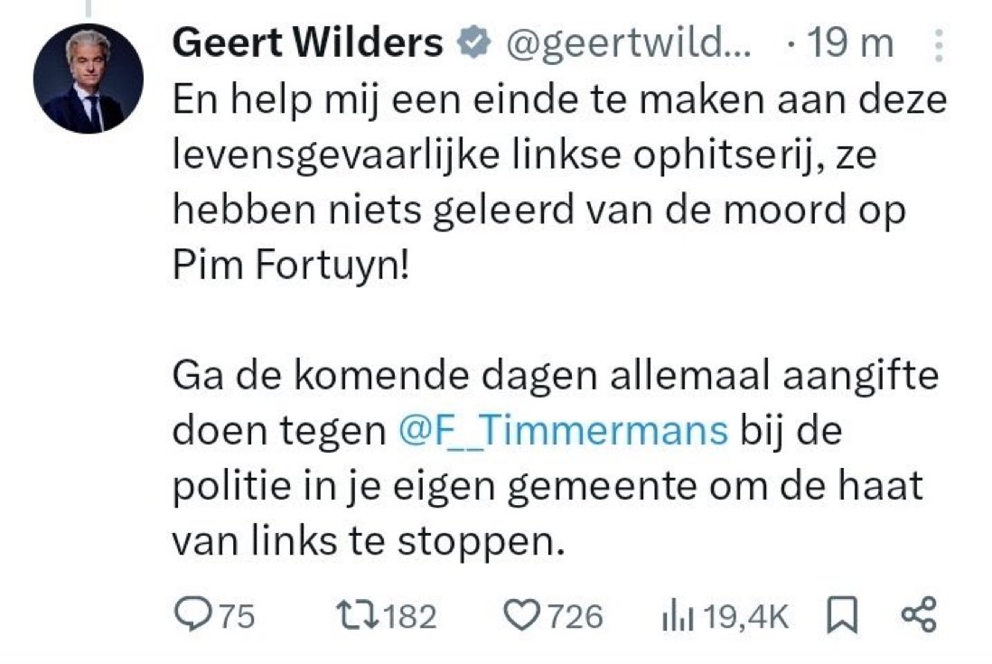 Wilders heeft ook niets geleerd van het ophitsen door uiterst rechtse leiders zoals hij. Breivik, Tarrant, Hanau, moord op Cox en Lübcke, bestorming Capitool, allemaal gebeurtenissen veroorzaakt door opruiing door uiterst rechtse leiders zoals Wilders.
#wnlopzondag