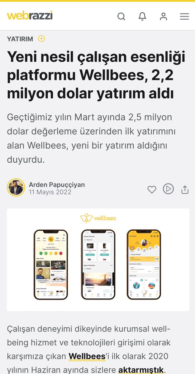 Esenlik uygulaması <a href="/Wellbees_co/">Wellbees</a> büyüme hamlelerini doğru zamanda atmaya devam ediyor❗️Şirketin Seri A yatırımı öncesi köprü yatırımı turuna <a href="/SabanciHolding/">Sabancı Holding</a> iştiraki Sabancı Ventures’ın katılmış olması önemli. 👏 Güçlü bir kurumsal yatırımcı katıldı. Tebrikler Melis Abacıoğlu👏👏