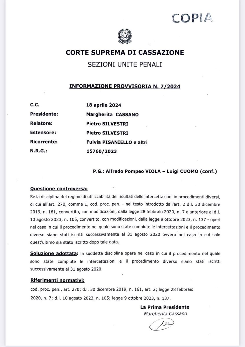 #encrochat #skyecc 🇮🇹another ruling of United Chambers of Court of Cassation stops the chat exchange between different investigations “in the event that the procedure in which the interceptions were carried out and the different proceeding have been entered
after 31.08.2020”