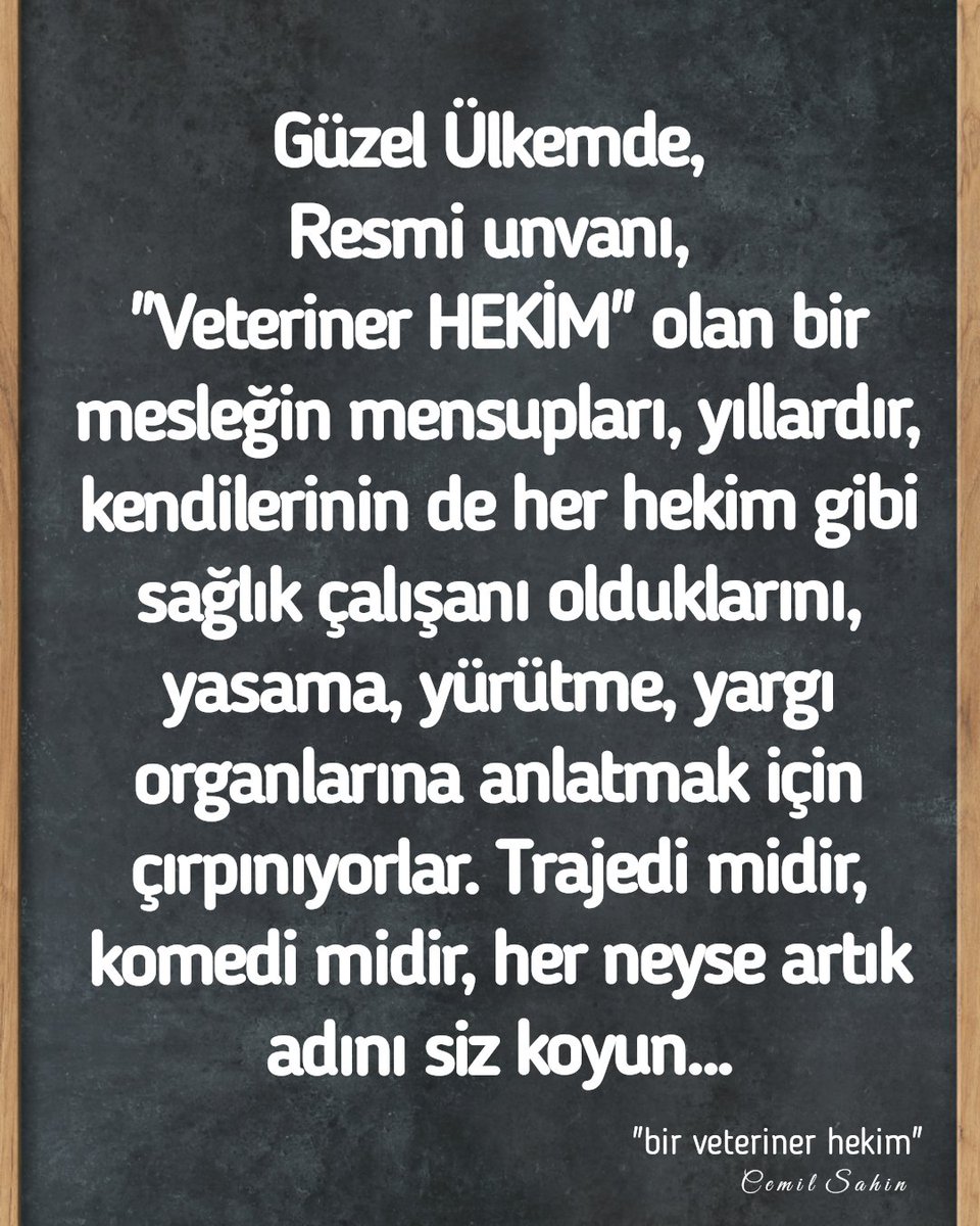 CemilSahince's tweet photo. Güzel Ülkemde, 
Resmi unvanı, 
"Veteriner HEKİM" olan bir mesleğin mensupları, yıllardır, kendilerinin de her hekim gibi sağlık çalışanı olduklarını, yasama, yürütme, yargı organlarına anlatmak için çırpınıyorlar. Trajedi midir, komedi midir, her neyse artık adını siz koyun... https://t.co/S5gtlraNqS