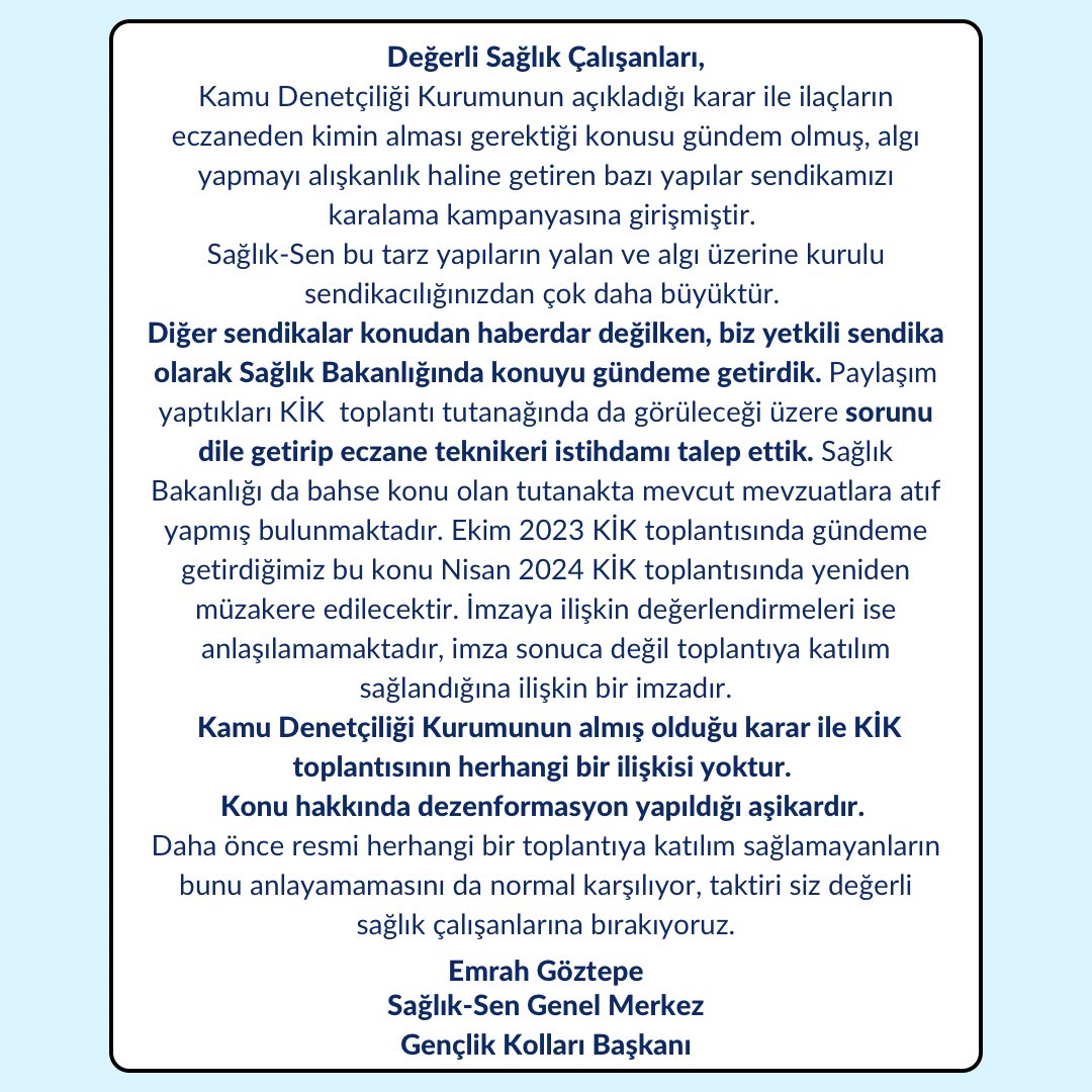 SSemrahgoztepe's tweet photo. Sağlık çalışanlarımızı dezenformasyon içeren paylaşımlardan uzak durmaya ve yetkili kaynakları takip etmeye davet ediyoruz. 

Eczaneden ilaçları kimin alacağı konusuyla ilgili açıklamamızı okumanızı rica ediyoruz. ⤵️ @sagliksen @Ss_genclik https://t.co/rCyGk67jXf
