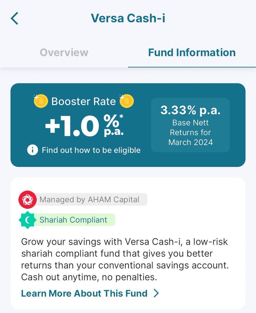 Tanpa +1% p.a. returns, pulangan Versa Cash-i hanya 3.33% p.a. (Base Nett Returns for March 2024). % ni berubah setiap bulan.