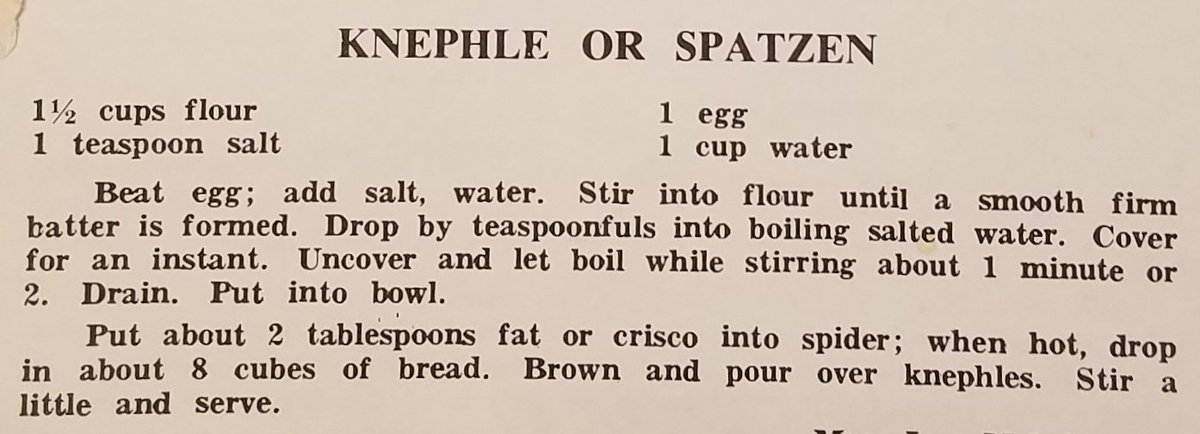 Re2OldFOOD's tweet photo. Knephile or Spatzen aka Dumplings -- 1950s?
#oldrecipe #Knephle #salt
#flour #egg #water #vegetableoil
#breadcubes https://t.co/lh2f1paVx2