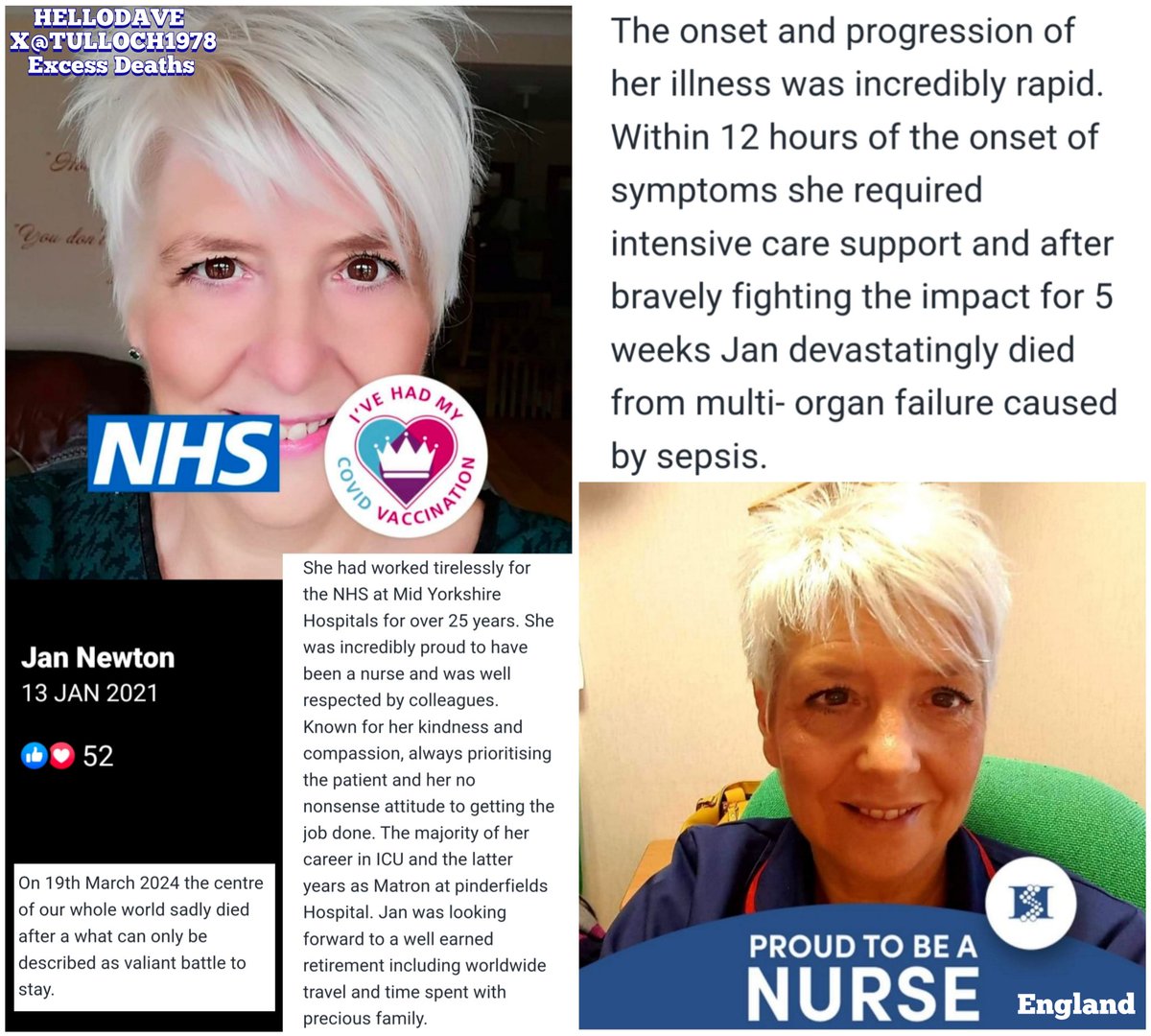 NHS England Nurse: Dead. 'I've Had My COVID Vaccination' #Pfizer 'The onset & progression of her illness was incredibly rapid. After bravely fighting the impact for 5 weeks Jan devastatingly died from multi-organ failure.' (March 2024) #diedsuddenly justgiving.com/page/jessica-m…