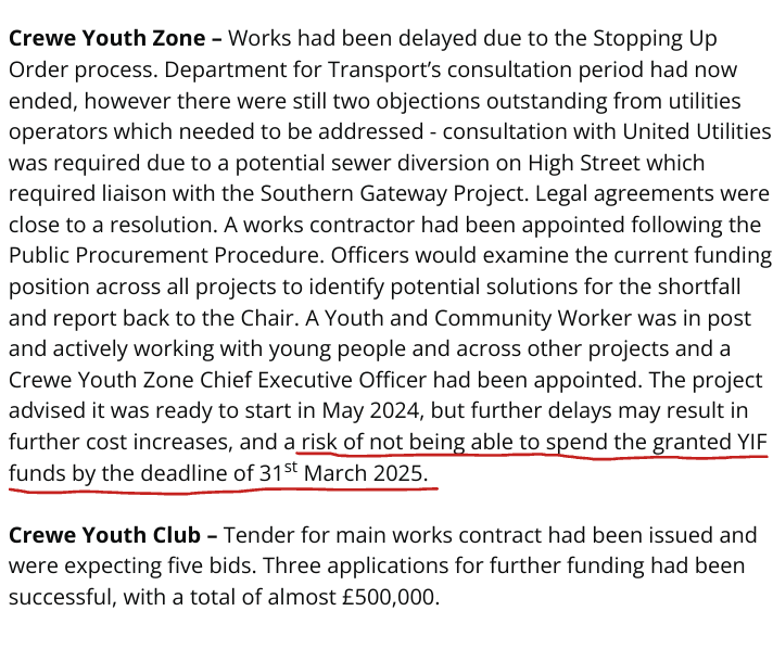 Like the History Centre,the Youth Zone faces delays which could mean having to pay back funding.Cheshire East are facing having to potentially find twelve million pounds. #Crewe #LevellingUp #PoisonedChalice