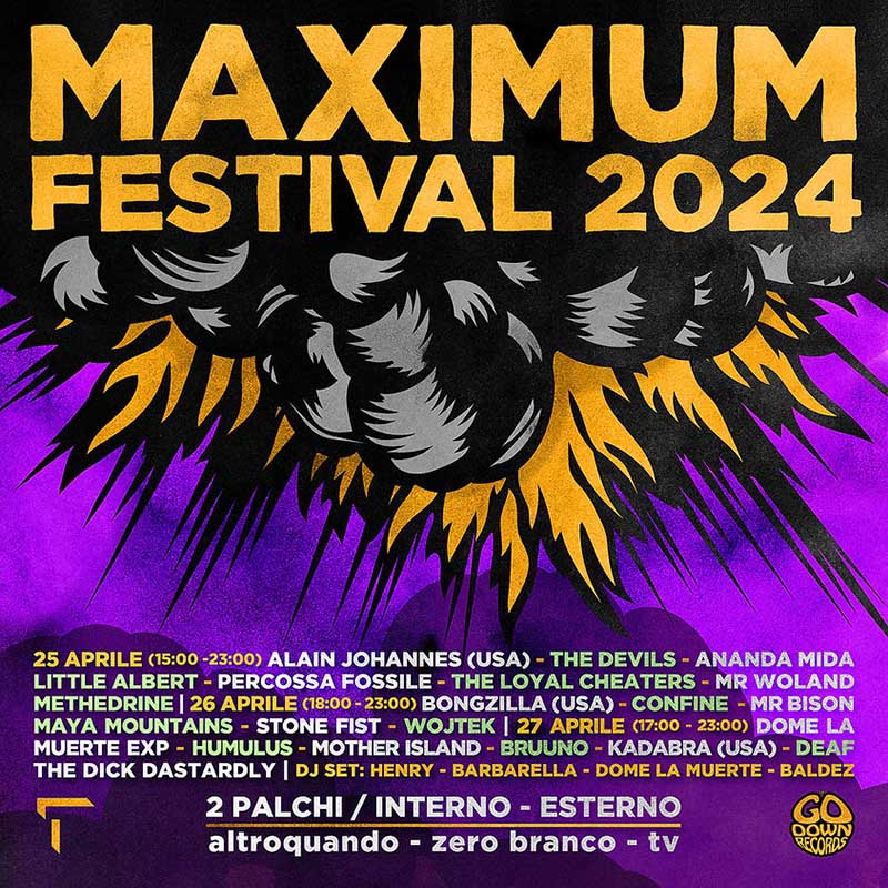 𝗠𝗮𝘅𝗶𝗺𝘂𝗺 𝗙𝗲𝘀𝘁𝗶𝘃𝗮𝗹 𝟮𝟬𝟮𝟰 
25/26/27 Aprile 

at #altroquandotreviso #Italy 
@godownrecords #maximumfestival2024 #maximumfestivalpremier #rock #rocknroll #psychrock #hardcore 
____
 >>  allternative.it/maximum-festiv…
#music #webzine #allternative_it