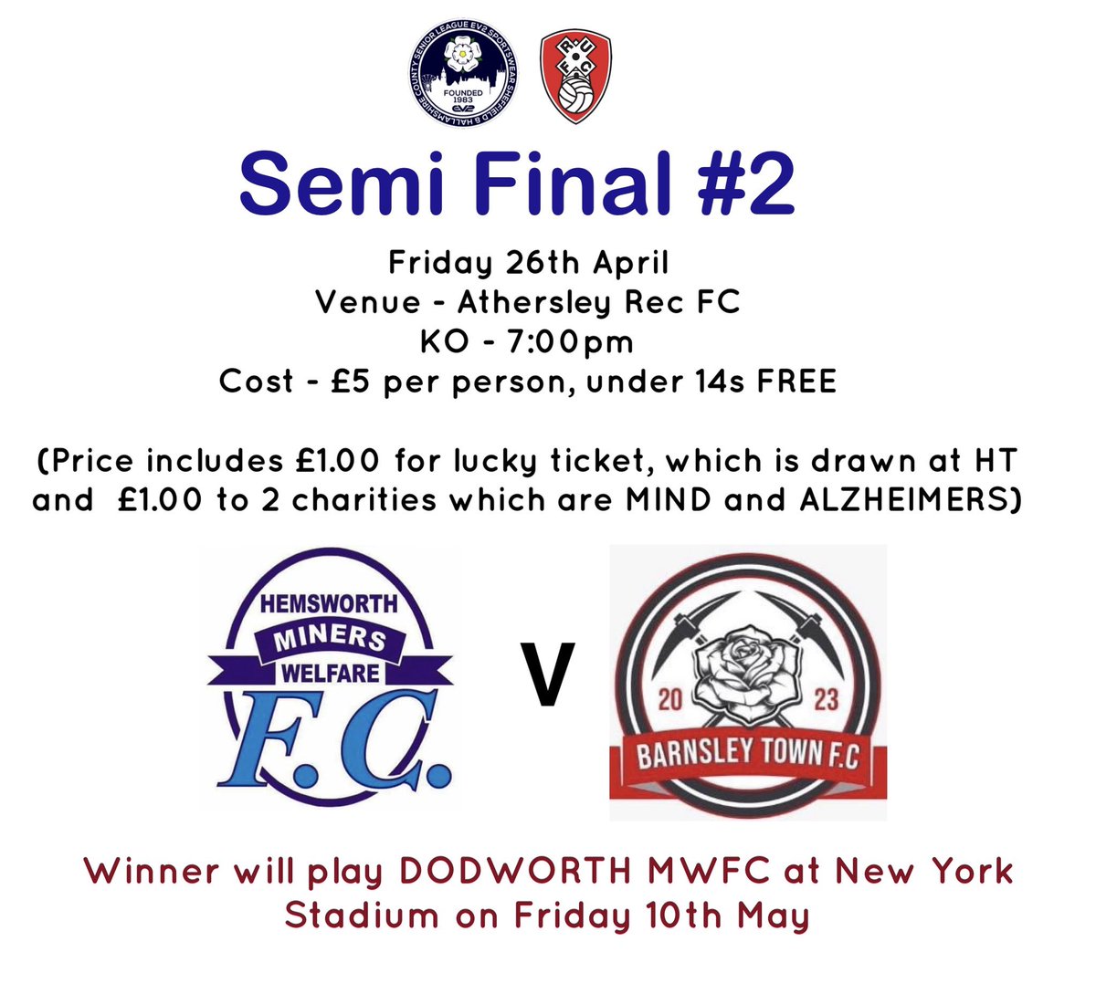 Semi Final #2 this Friday at @AthersleyRecFC @HemsworthMWFC 🆚 @BarnsleyTownFC @DMWFC await the WINNERS!!! #NewYorkBound🏆⚽️