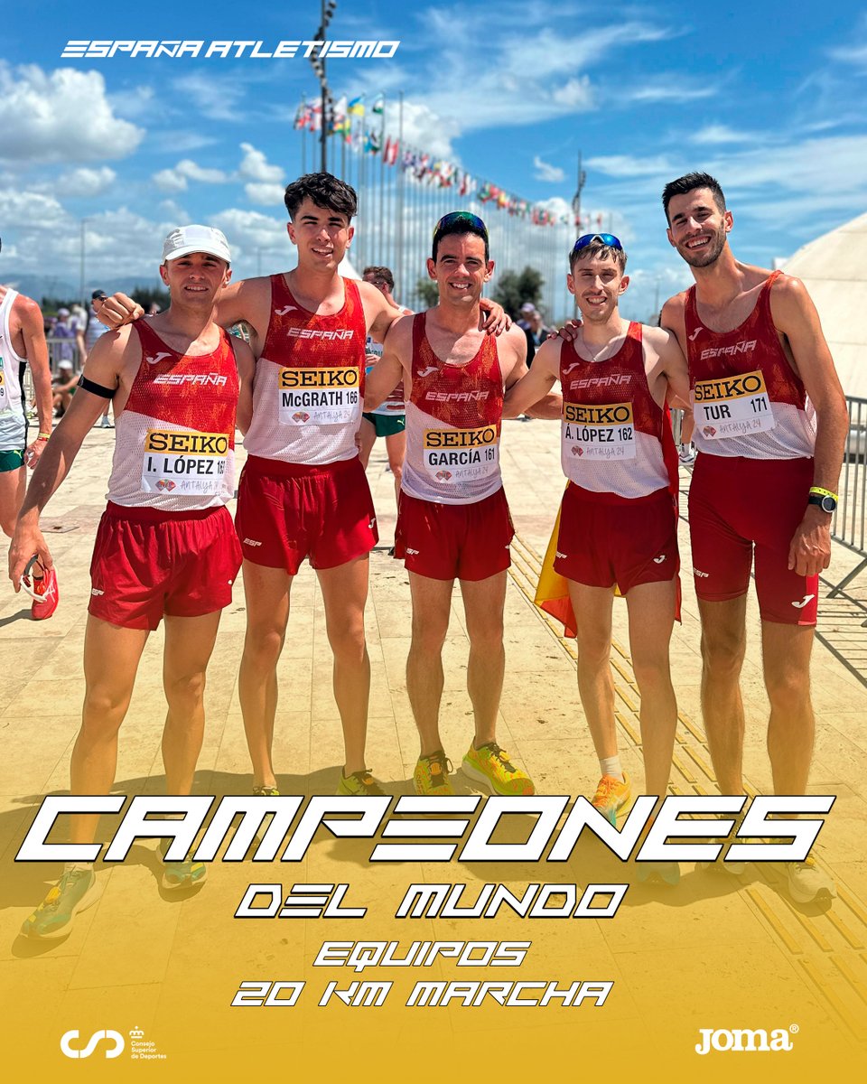 DÍA HISTÓRICO DE LA MARCHA #EspañaAtletismo

𝗖𝗔𝗠𝗣𝗘𝗢𝗡𝗘𝗦 𝗗𝗘𝗟 𝗠𝗨𝗡𝗗𝗢 𝗱𝗲 𝟮𝟬 𝗸𝗺 𝗺𝗮𝗿𝗰𝗵𝗮🚹 🥇
#WorldRaceWalking

 ACTUACIÓN INDIVIDUAL MEMORABLE

2º @PaulMcGrathinho (1:19:14)
3º @DiegoGCarrera (1:19:51)
8º @lopezalvaro5 (1:20:20) MP
27º @ivanlp97 (1:22:18)