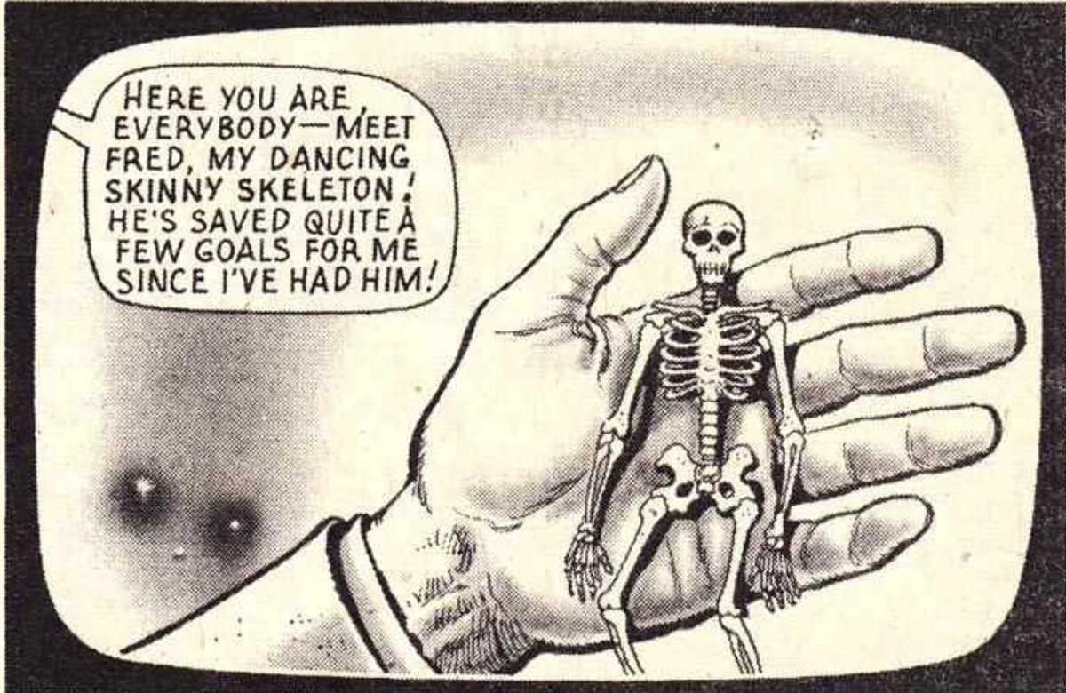 One of our most popular stories in Roy of the Rovers was 'The Safest Hands in Soccer'. Here's Gordon Stewart in action and also a pic of Fred, Gordon's lucky mascot. Script by Gil Page and art by Osvaldo Torta.