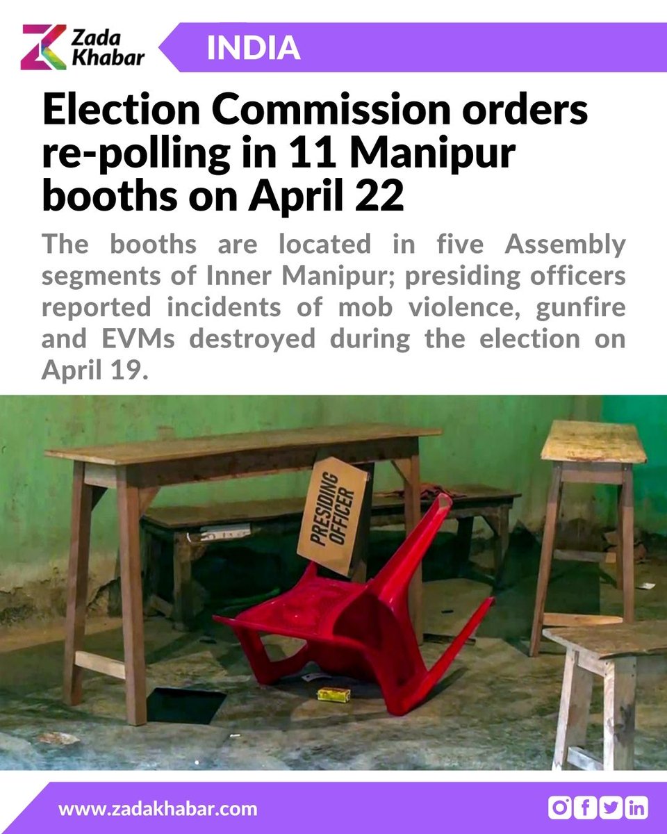 These 11 polling stations are located in the Khurai, Thongju, Uripok, Konthoujam, and Kshetrigao Assembly constituencies.

#Manipur #ManipurElection #KKRvRCB #Article370 #Doordarshan #AmitShahInBihar #Justice4GraminBankers #insiders #zadakhabar