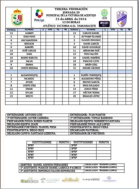 𝘼𝙇𝙄𝙉𝙀𝘼𝘾𝙄𝙊𝙉𝙀𝙎 𝘾𝙊𝙉𝙁𝙄𝙍𝙈𝘼𝘿𝘼𝙎

Atlético Victoria 🆚 UD Tamaraceite 

#SentimientoVerdiblanco #VamosVerdes