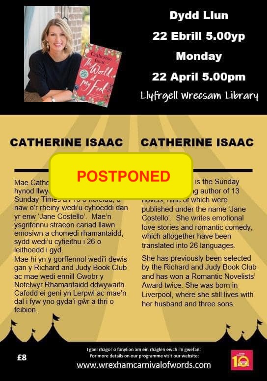 Due to illness, we have had to #postpone our event on Monday with @Jane_Costello_ #CatherineIsaac. Anyone who has bought a ticket will be contacted on Monday morning and refunded. Apologies from the author and the #WrexCarnival team.