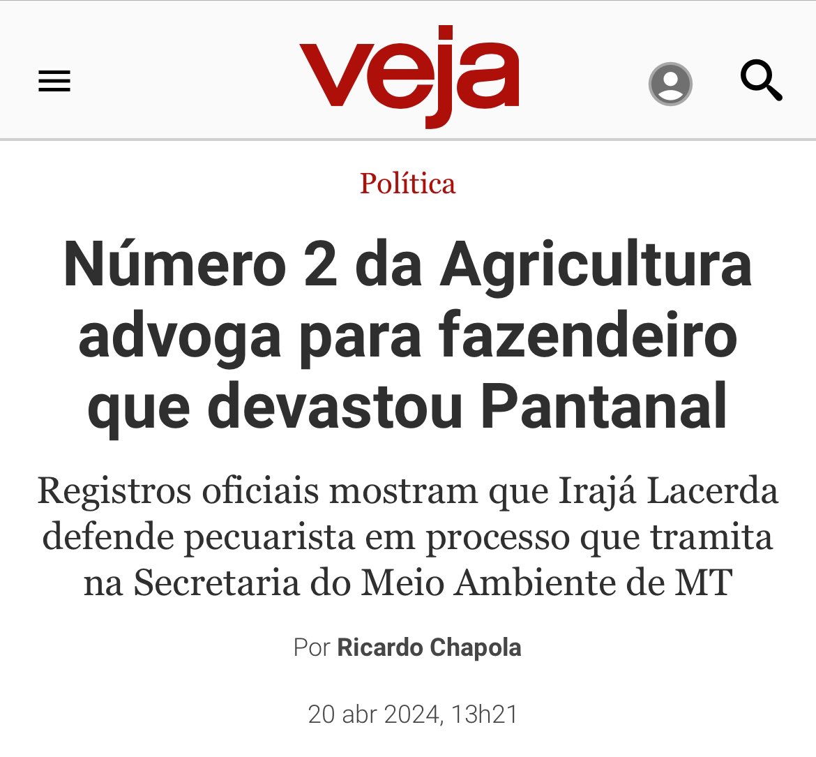 “Registros oficiais mostram que Irajá Lacerda defende pecuarista em processo que tramita na Secretaria do Meio Ambiente de MT” veja.abril.com.br/politica/numer…