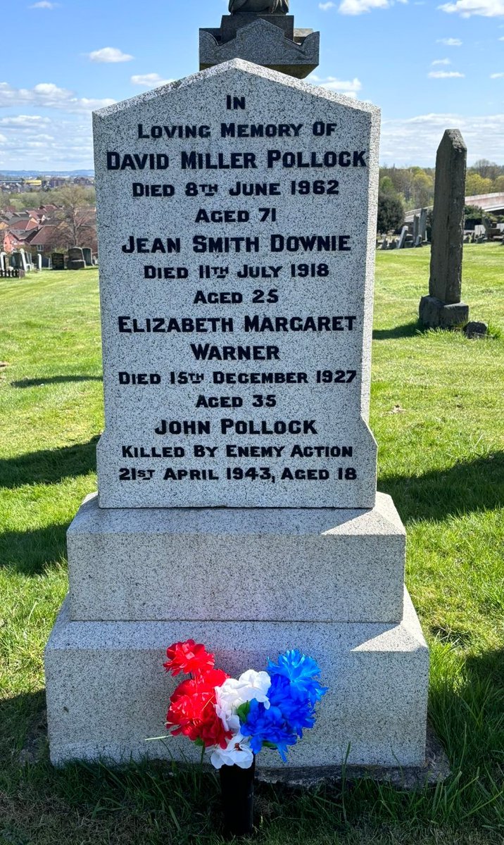 Private John Pollock, of the General Service Corps, was killed by enemy action on 21st April, 1943, aged just 18 years old

We laid flowers and paid respects at his final resting place in Cambuslang (Westburn) Cemetery 

Lest we Forget this brave young man 🏴󠁧󠁢󠁳󠁣󠁴󠁿🇬🇧