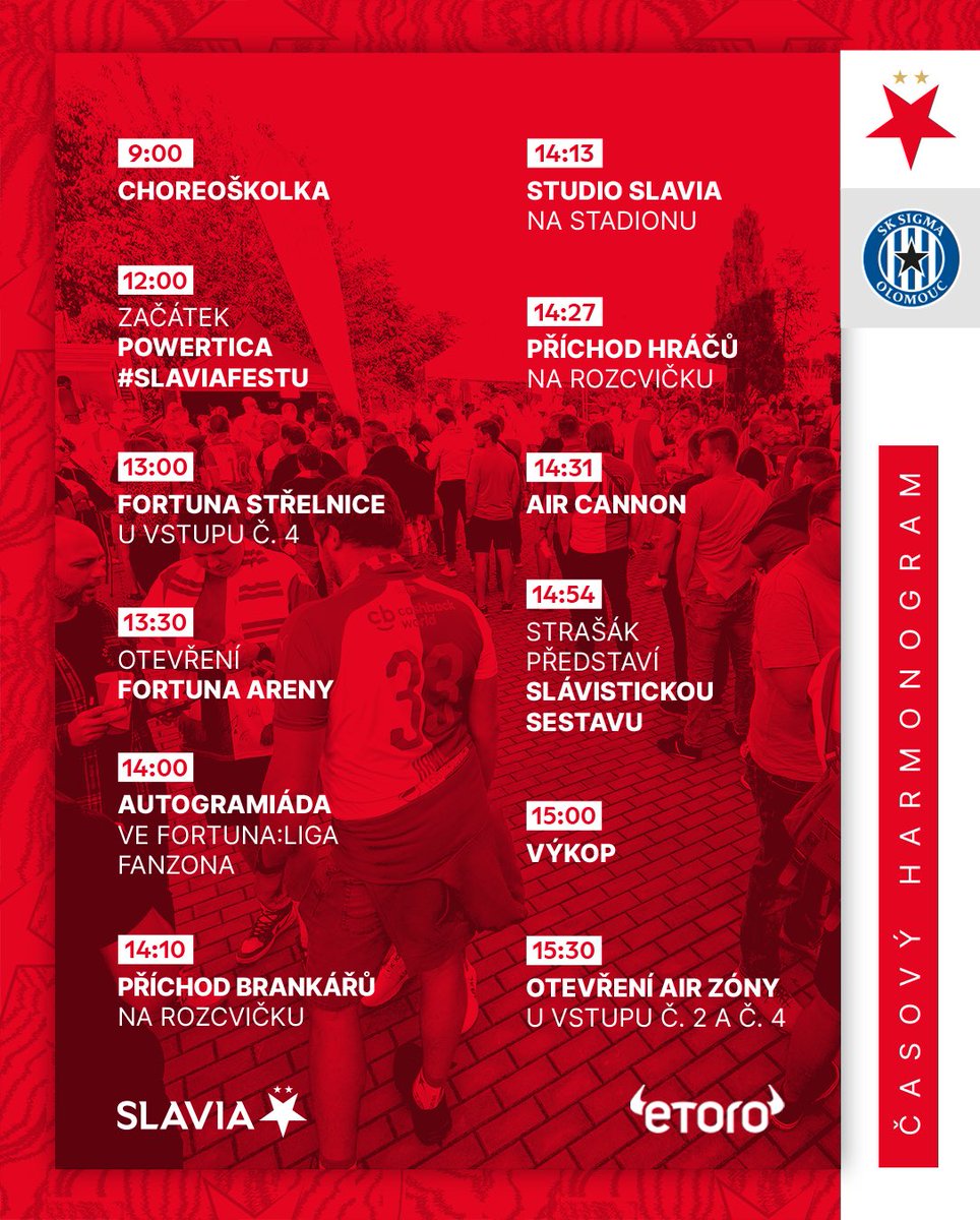 Už za chvíli se na vás těšíme v Edenu 🤩

Čeká nás Powertica #SlaviaFest u vstupu 2 i FORTUNA:LIGA fanzóna se střelnicí a autogramiádou Davida Pecha s Michalem Tomičem u vstupu 4.

Přijďte včas a užijte si skvělé fotbalové odpoledne! 🫶