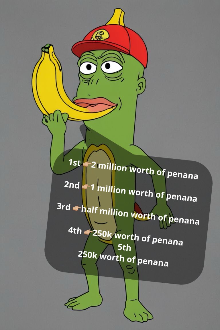 PepeBananaGang's tweet photo. 🍌🐸 Join the #PepeBananaGang meme contest for a chance to win big! 

Follow and tag @penana_cto, mention 5 friends, and create your best Banana Frog meme! 

Don’t forget to use $PENANA. Winners announced in 9 hours! 🎉

#Pepe🍌 #MemeContest https://t.co/j6qKVV8Lnp