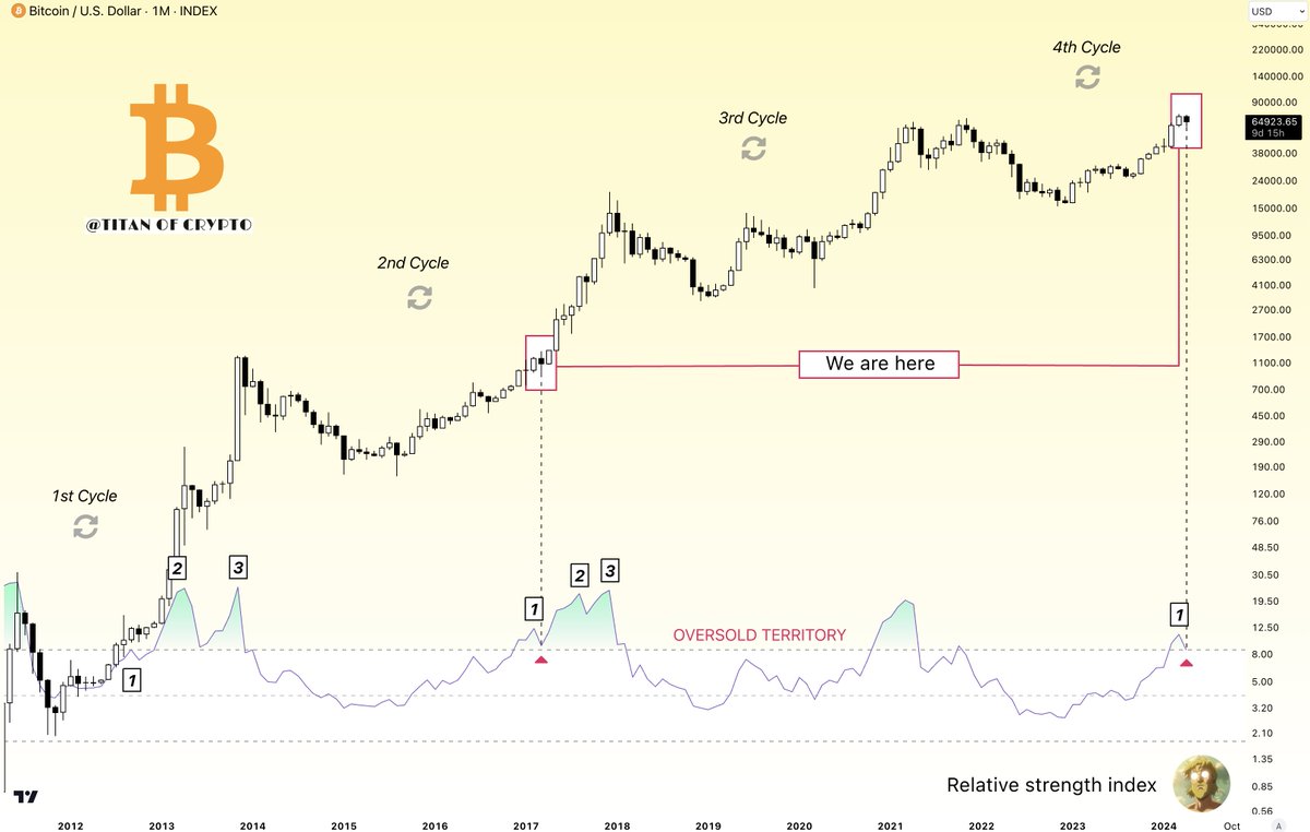 #Bitcoin Striking similarity with its 2nd cycle.👀 Looking at the monthly RSI it seems #BTC is replicating the price action & the momentum it had in March 2017. Back then RSI printed 3 consecutive pics in the oversold territory. RSI just printed the 1st pic. 🔜 Up Only 📸