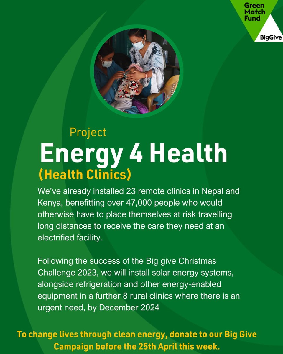 Access to electricity is vital for 24/7 health services, powering medical equipment and striking medicines and vaccines.  Every donation you make via this campaign will be doubled, so do not miss out on having double the impact today.
donate.biggive.org/campaign/a0569…