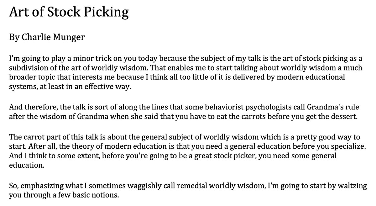 "The Art of Stock Picking" is the best speech that Charlie Munger ever gave.

He explains how an investor can beat the stock market.

The 20-page transcript is a treasure trove and a must-read for all.

Today, we're sharing the key points and the full speech: