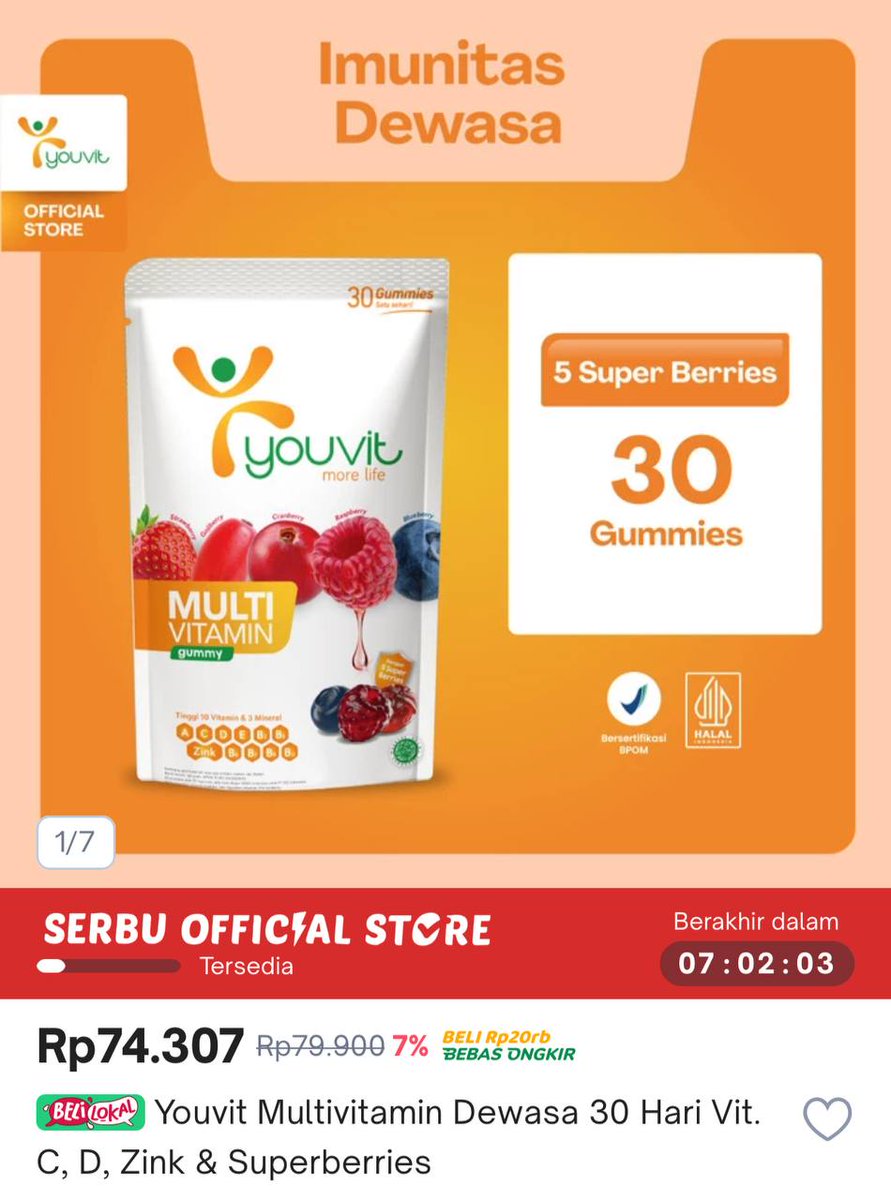 *[ TOKOPEDIA ]*
Youvit Multivitamin Dewasa 30 Hari Vit  C 
D 
Zink & Superberries
racun.in/VEe2f