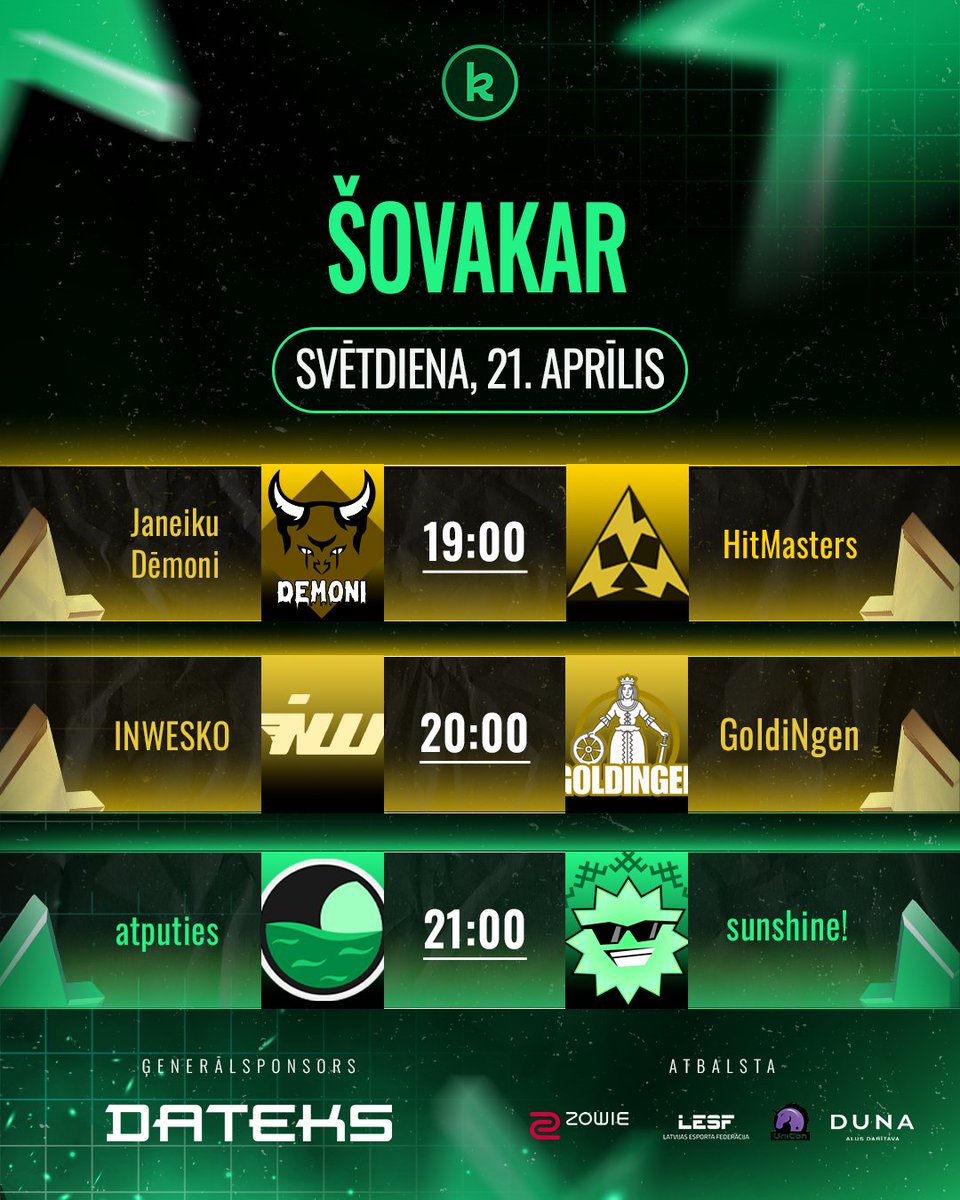 esportaliga's tweet photo. Šovakar regulārās sezonas izskaņa!😎
Kamēr 'Dateks' e-sporta virslīgā tabulas izkārtojums vairs nemainīsies, tikmēr 1. divīzijā redzēsim divus svarīgus dueļus.
🟡 19:00 🇱🇻#JaneikuDēmoni vs #HitMasters🇱🇻
🟡 20:00 🇱🇻#INWESKO vs #GoldiNgen🇱🇻
🟢 21:00 🇱🇻#atputies vs #sunshine🇱🇻 https://t.co/IJWegSF333