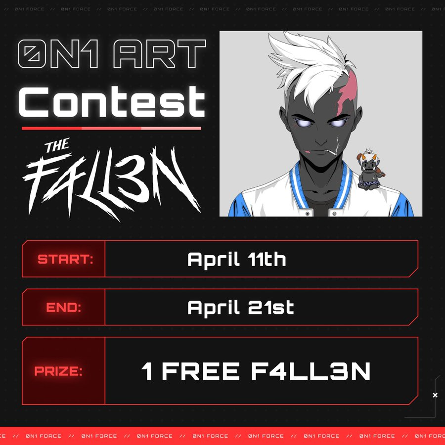 FINAL call for entries in the art contest to win a F4LL3N NFT! 👺 • Submit a F4LL3N or R0N1 piece by Apr 21st 11:59 PM PST • Tag @0n1Force & @Bkess75, use #F4LL3NArt • Join Discord for voting procedures Check out recent submissions below ↓