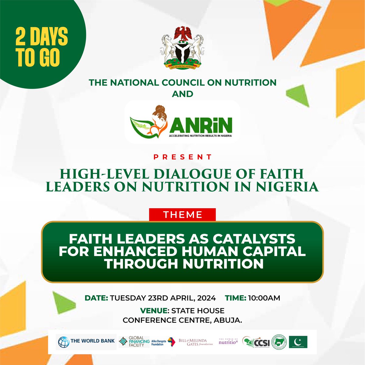 We are only two days away from the High-Level Dialogue of Faith Leaders on Nutrition in Nigeria. This dialogue is a call to prioritise nutrition for a healthier future for all Nigerians. Join the conversation. #1000FaithLeaders4Nutrition #Faith4Nutrition #TKCForPeace