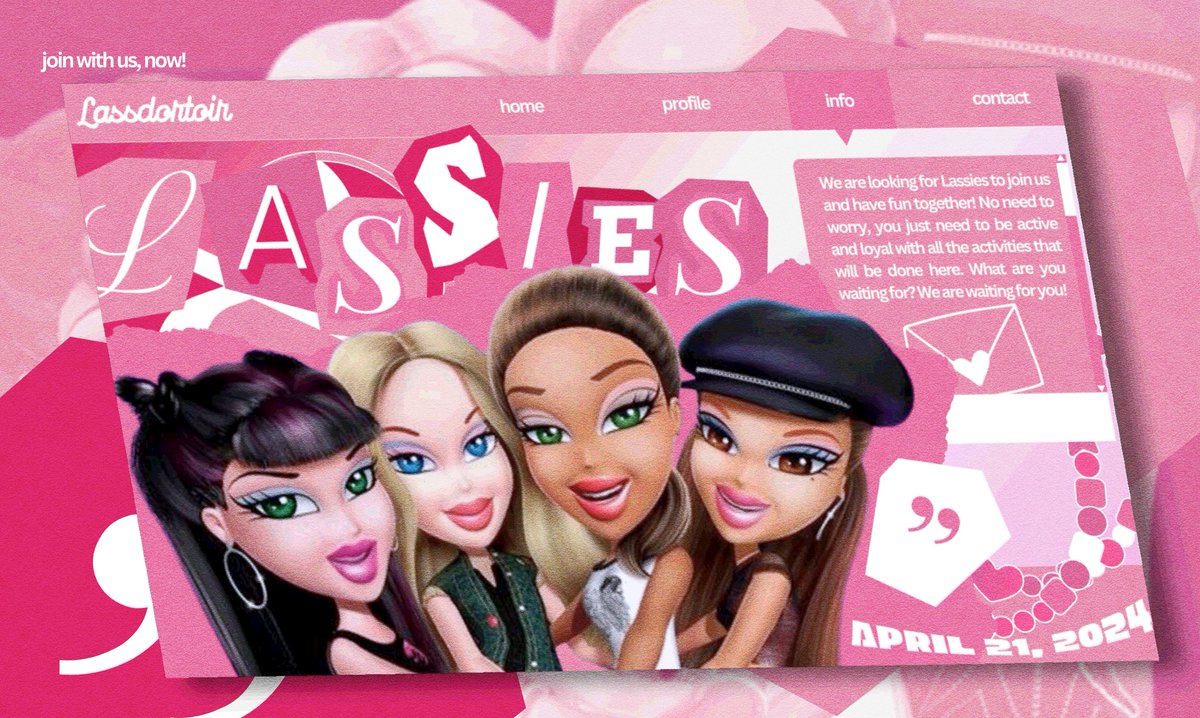 ⠀
                 𝟸𝟷 — 𝟶𝟺 — 𝟸𝟺  % atten’shun!
                ˖࣪   ©lassdor  ⵌ   is looking    🎀
             new genes of lassies to take over
             the pink universe ☁️ ᯓ together.
⠀                     ⊹  ready to 𝗃͟𝗈͟𝗂͟𝗇͟ 𝗎͟𝗌͟?  𐙚
⠀ ⠀
