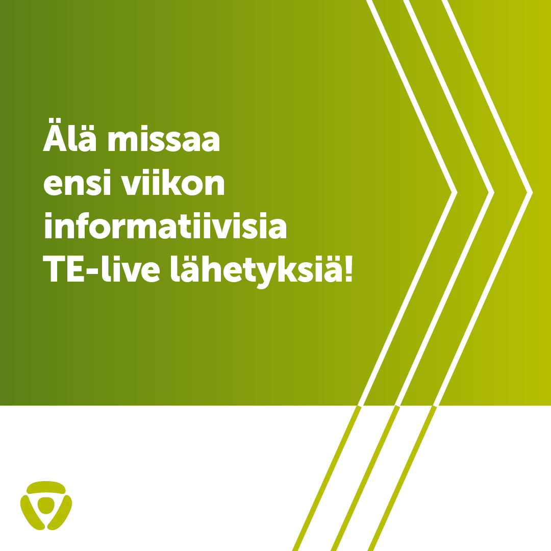 Älä missaa ensi viikon informatiivisia TE-live lähetyksiä!⁠
Linkki lähetyksiin on tässä: te-live.fi/lahetykset?pro…⁠
⁠
#telive #uudenmaantetoimisto #rekry #tyo