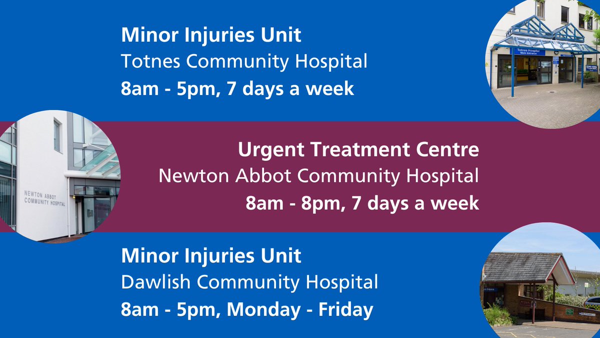 🤕 | Is your injury or condition urgent, but not an emergency? If so, visiting our minor injuries units at Totnes or Dawlish hospitals or urgent treatment centre at Newton Abbot Community Hospital is usually better for you. Find out more 👉 ow.ly/p2hV50N4kS6