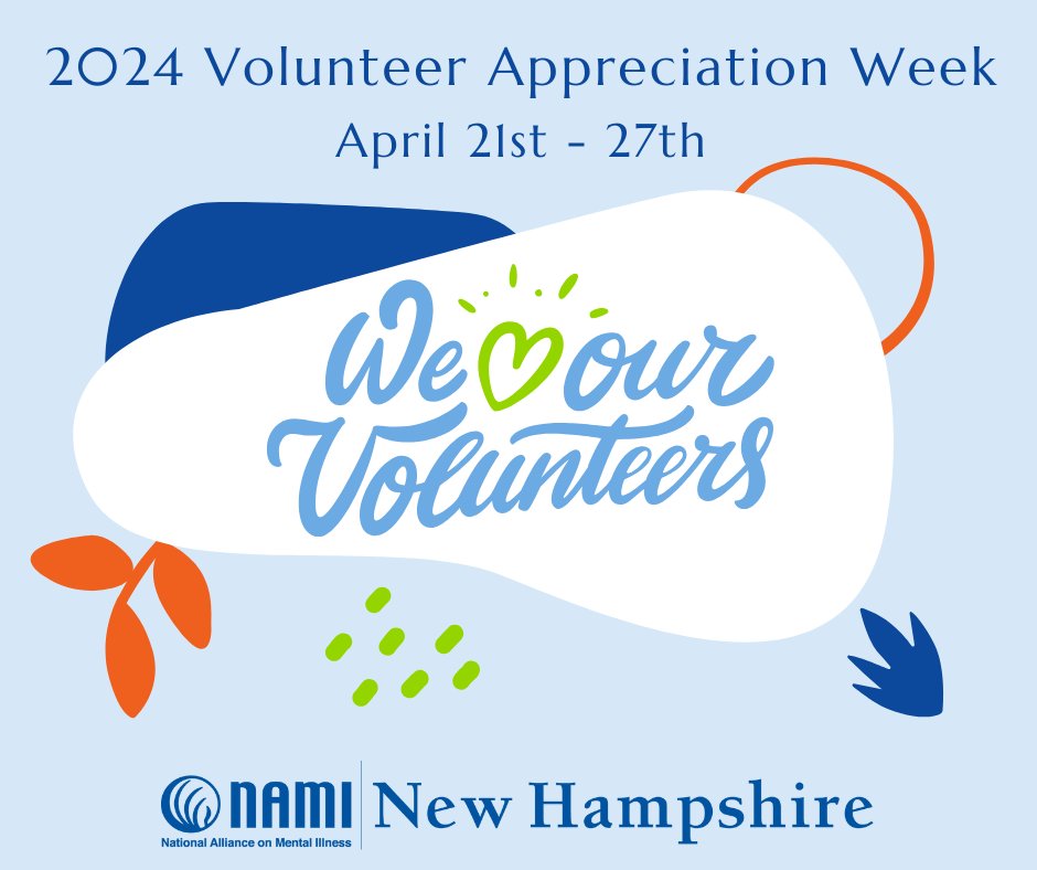 THANK YOU, NAMI NH VOLUNTEERS! 💚 As the nation celebrates National Volunteer Week, NAMI NH is profoundly grateful year-round for the 200+ volunteers dedicated to our mission to improve lives affected by mental illness and suicide through support, education, and advocacy.