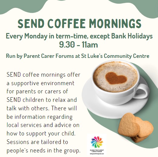 MONDAYS 📢 Our coffee morning for parents and carers of SEND children is now weekly, every Monday 9.30-11am. Come along and join this supportive group #southislington #ec1 #SEND #SEN #communitysupport slpt.org.uk/st-lukes-event…