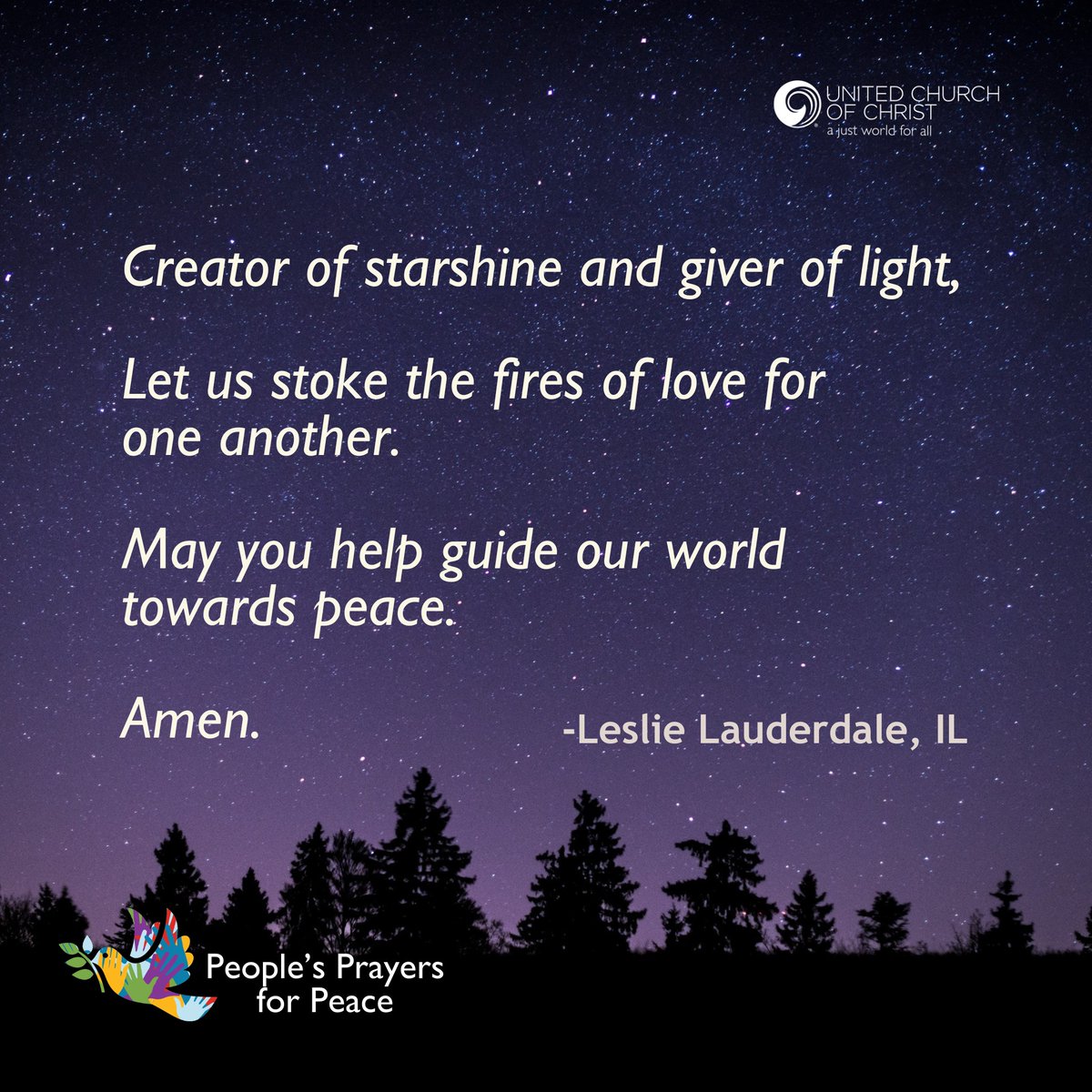 🌟 Creator of starshine and giver of light,

Let us stoke the fires of #love for one another.

May you help guide our world towards #peace. Amen.

🙏🏾 Share your #prayers for peace: ow.ly/LzZz50Rk84z

#PrayersForPeace #JustPeace