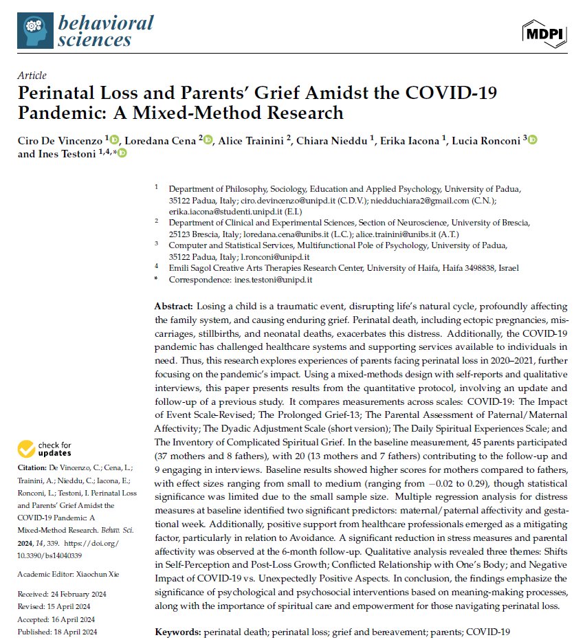 Ines Testoni (@masterunipd) on Twitter photo 💥 New Scientific Article Out ✴️
🔍 We adopted a #mixedmethod #researchdesign to delve into the #experience of #loss and #grief of #parents losing their child due to #perinataldeath.
<a href="/Behavsci_MDPI/">Behavioral Sciences MDPI</a>
📷 For Details: mdpi.com/2076-328X/14/4… 💥 New Scientific Article Out ✴️
🔍 We adopted a #mixedmethod #researchdesign to delve into the #experience of #loss and #grief of #parents losing their child due to #perinataldeath.
<a href="/Behavsci_MDPI/">Behavioral Sciences MDPI</a>
📷 For Details: mdpi.com/2076-328X/14/4…