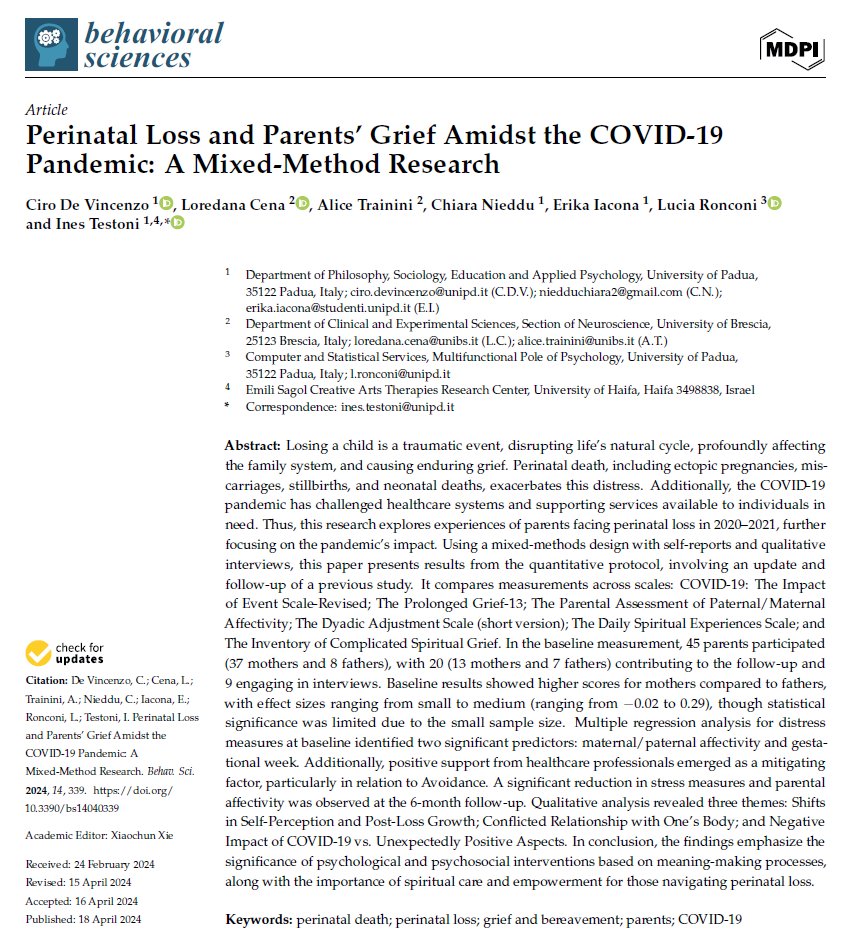 💥 New Scientific Article Out ✴️

🔍 We adopted a #mixedmethod #researchdesign to delve into the #experience of #loss and #grief of #parents losing their child due to #perinataldeath.

@Behavsci_MDPI

📷 For Details: mdpi.com/2076-328X/14/4…