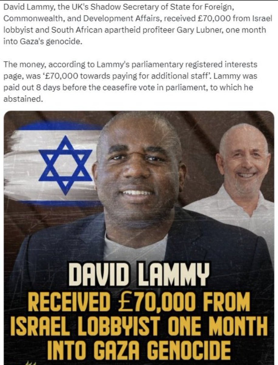 @declassifiedUK We know who THEY fund... Who knew it only cost 70 grand to buy the silence of a prominent Labour MP. David Lammy turned his back on the literal slaughter of children by Israeli murderers.