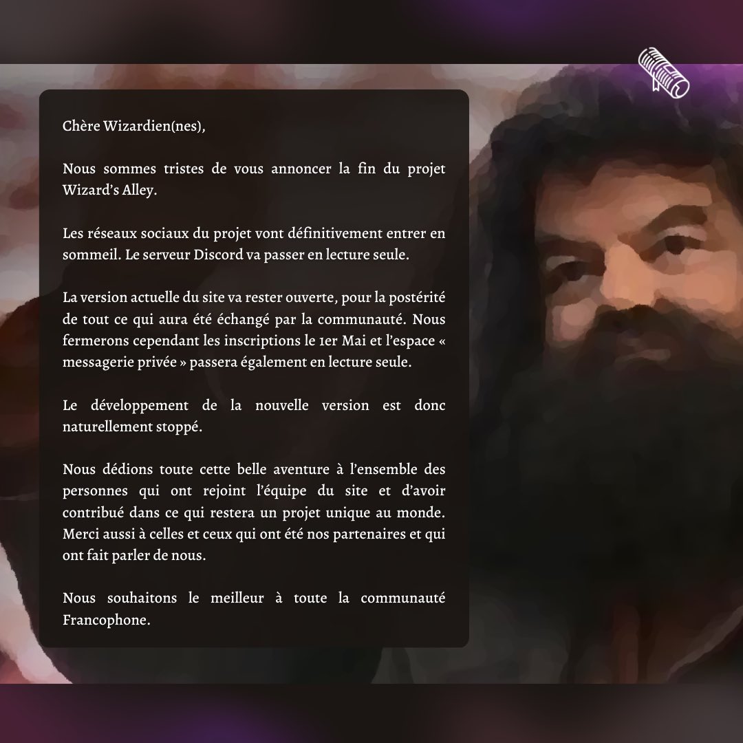 Il était une fin.

Chère Wizardien(nes), nous sommes tristes de vous annoncer la fin du projet Wizard’s Alley.

En savoir plus : wizards-alley.com/publications/?…