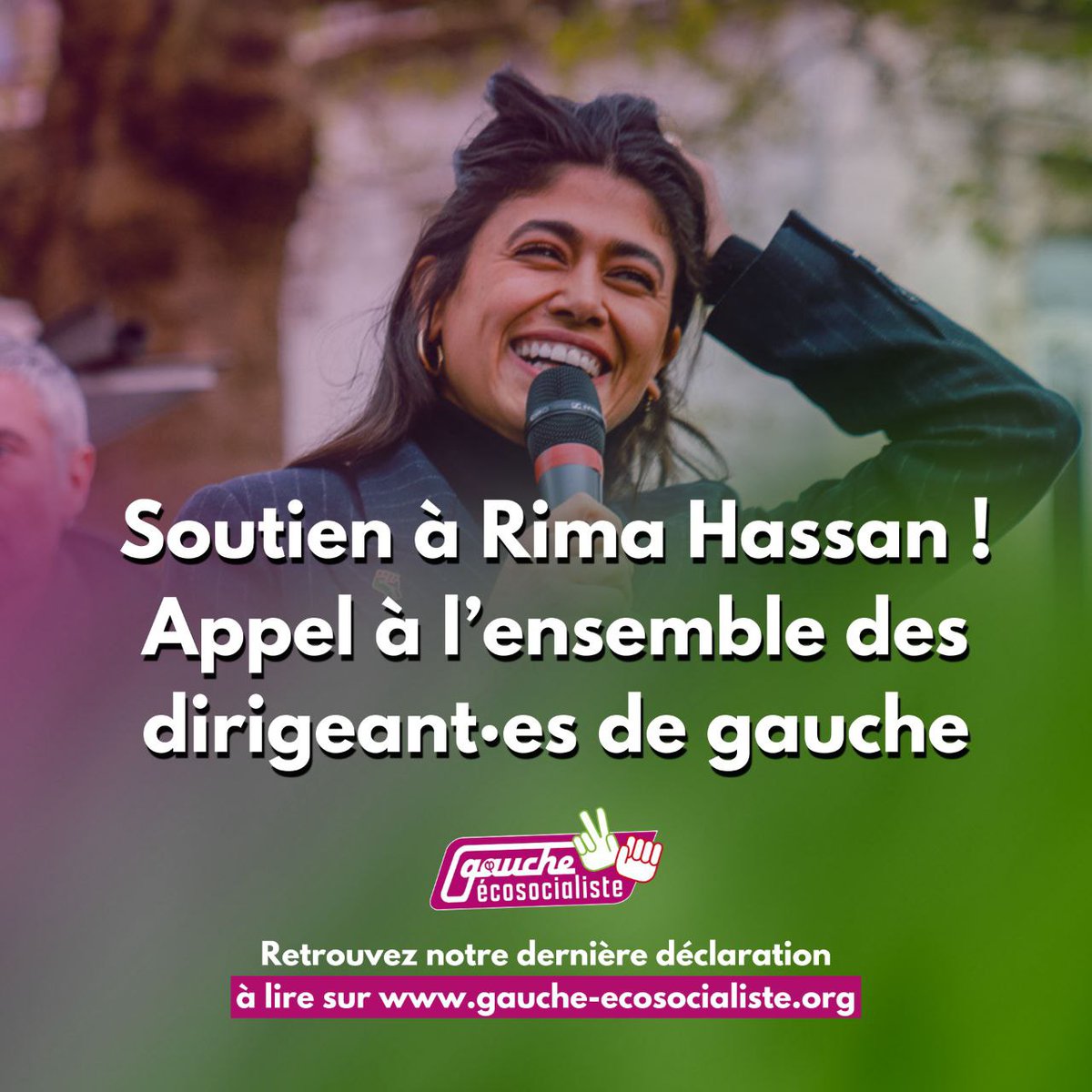 La GES exprime sa solidarité envers @RimaHas. Nous appelons les dirigeant·es de la gauche, des écologistes, du mvt social à être à ses côtés lors de sa convocation au commissariat pr montrer l'unité face à ces tentatives d'intimidation #SoutienRima 👇🏼👇🏼👇🏼 gauche-ecosocialiste.org/soutien-a-rima…