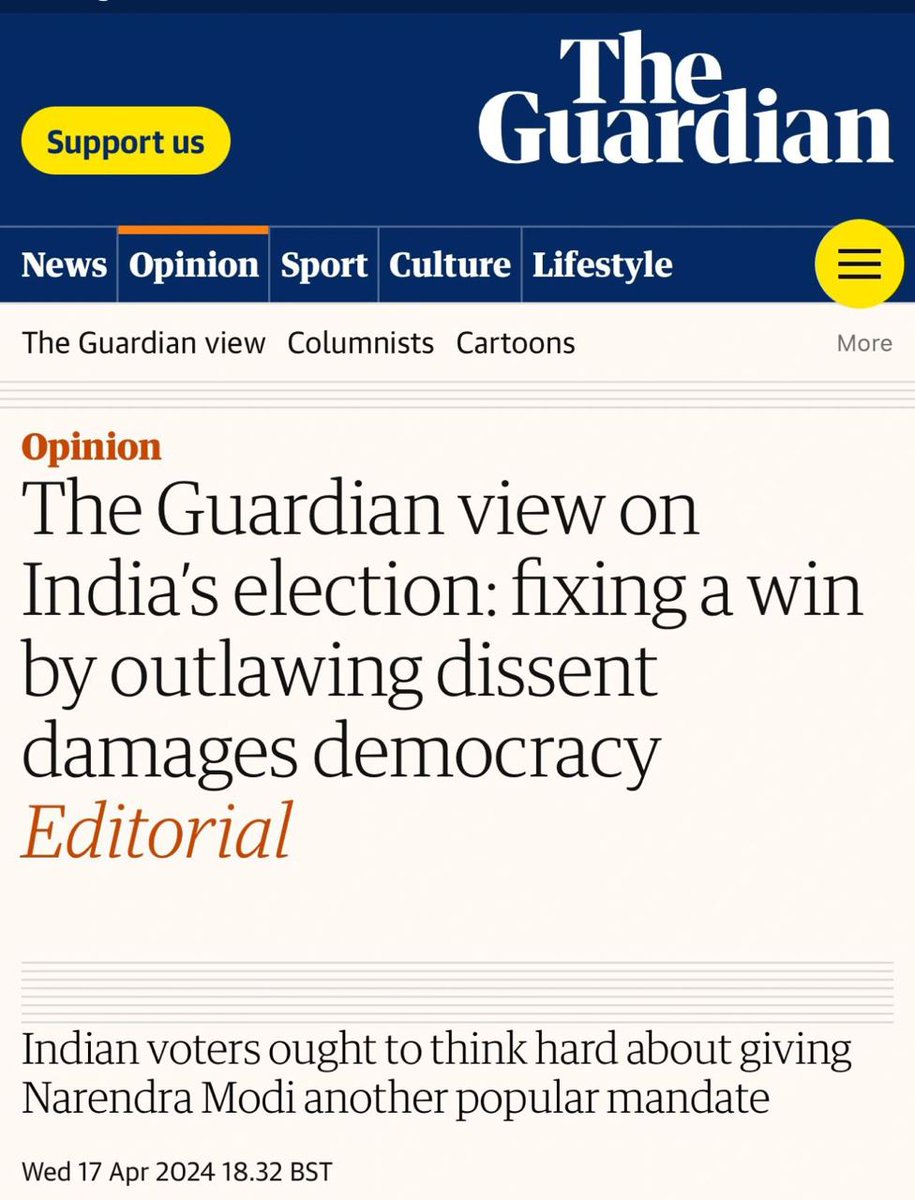 It is my country and I will decide whm to elect. Those who are now on the verge of extinction better not lecture us. You bl00dy thieves, after looting 57 trillion from us, murdering millions of Indians, muzzling voices, you now lecturing on dissent. Better look within @guardian