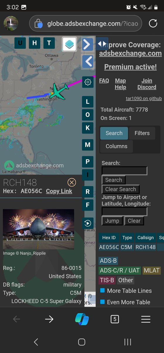 norb420's tweet photo. #AE055B as #RCH108
#AE056C as #RCH148
Excluding training missions the C-5s have mostly been flying with 4 digit RCH callsigns since around February 1st. These two have had 3 digit callsigns. 
#RCH108 went Travis to Shreveport to Hickman to Guam(?) 
#RCH148 Rota to Dover and is currently airborne.